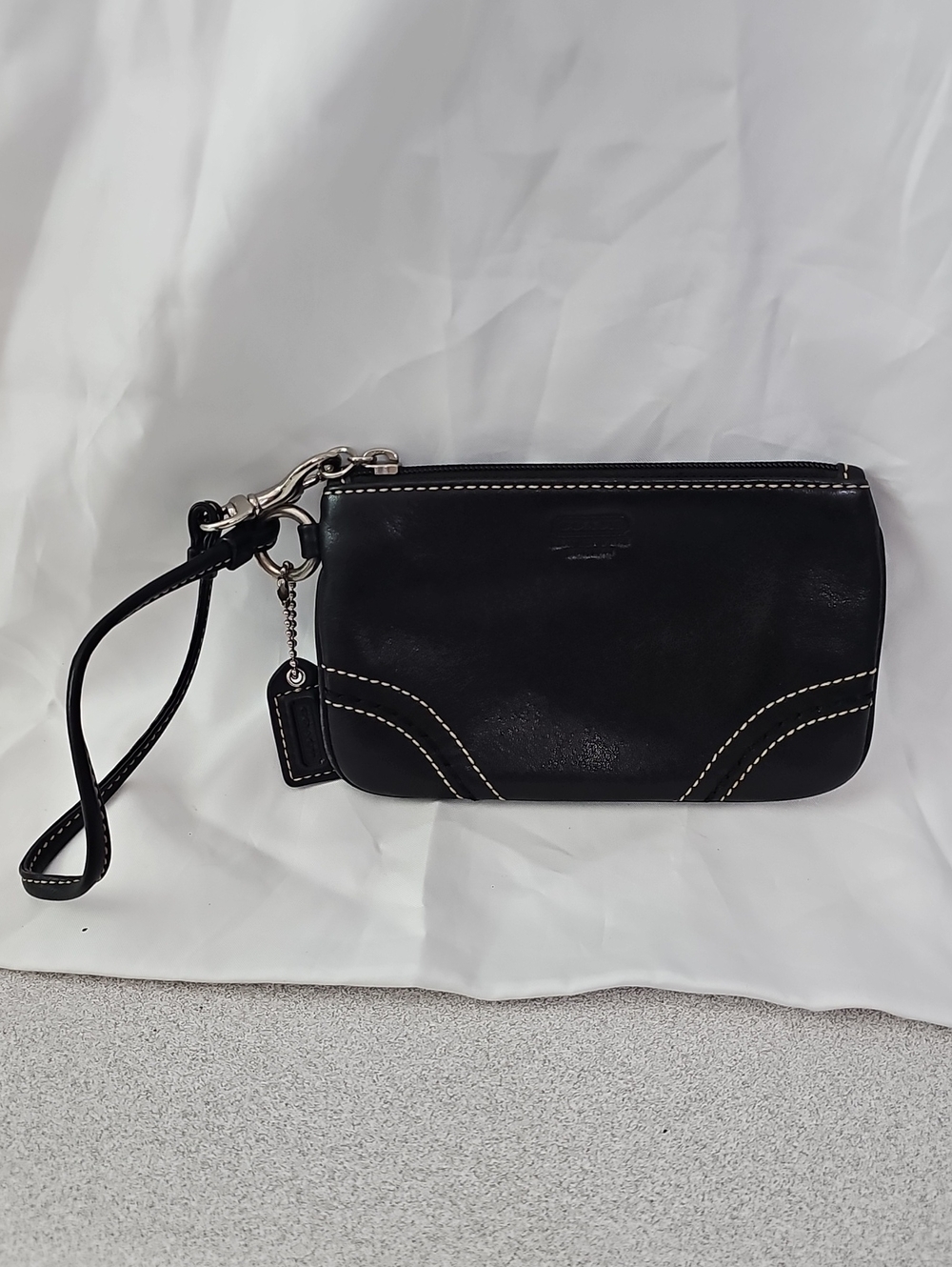 Coach Black Leather Wristlet with White Contrast Stitching